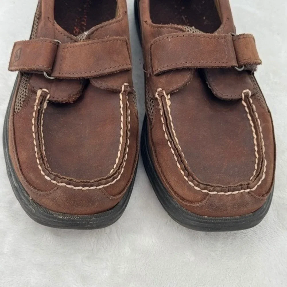 Sperry Top Sider Boys Brown Leather Boat Shoes Youth Size 3 Easy No Tie straps